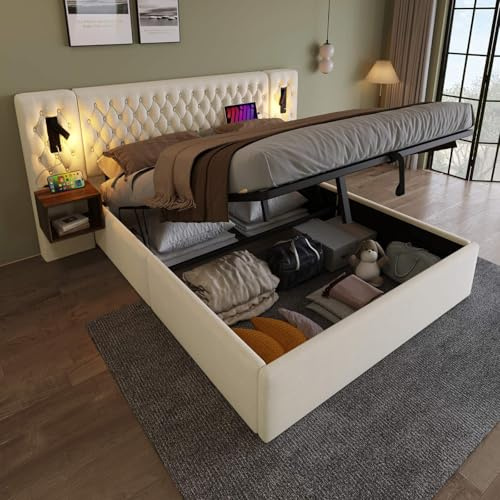 KOMHTOM Lit Rembourré Hydraulique avec 2 Tables de Nuit et Lampe, Lit Double avec Sommier à Lattes en Bois, Ensemble lit Chambre à Coucher Complet(sans Matelas) (Beige-B, 160×200cm)