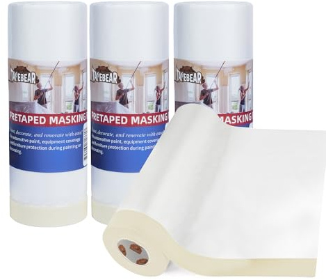 TAPEBEAR Film de Masquage Pré-Encollé 1400mm x 27m (Lot de 4 Rouleaux), Protection Renforcée pour Peinture Auto, Meubles et Sols