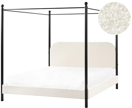 Beliani Cama con Dosel de Metal Negro Retro Minimalista somier de Listones Madera de álamo tapicería de bouclé Blanco Crema 160 x 200 cm Dannemois