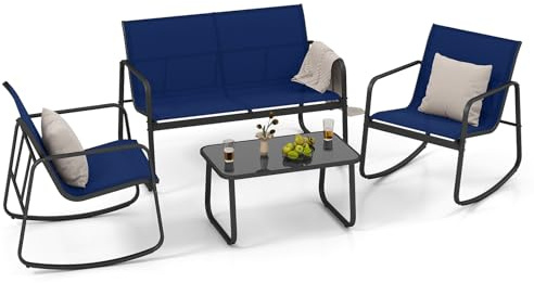 COSTWAY Set da Giardino 4 Pezzi in Tessuto Textilene, Set da Bistrò da Patio, Tavolo e Sedie con Tavolino in Vetro, 2 Sedie e Divanetto a Dondolo, per Giardino Coltile Terrazza (Blu)