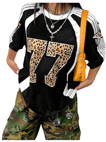 GORGLITTER Women's Leopard Number Print Jersey Shirts Striped Colorblock Crewneck Short Sleeve Streetwear Tee Tops Black Large