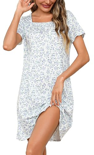 Litherday Camisón Verano para Mujer Algodon Manga Corta Ropa de Dormir Motivo Floral Vestido Mujer Suelto Cómodo