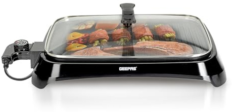 Geepas 1600W Electric Barbecue 2-in-1 Grill With Hot Plate, Smokeless Indoor BBQ and Griddle Hot Plate with Built In Drip Tray | Adjustable Temperature (Renewed)