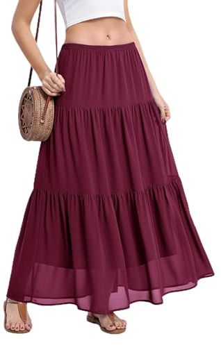 BEIGAI Gonna da donna elasticizzata a vita alta lunga maxi gonna fluida a linea Boho estiva da donna casual elegante gonna a lunghezza intera da donna UK, Rosso vinaccia, S