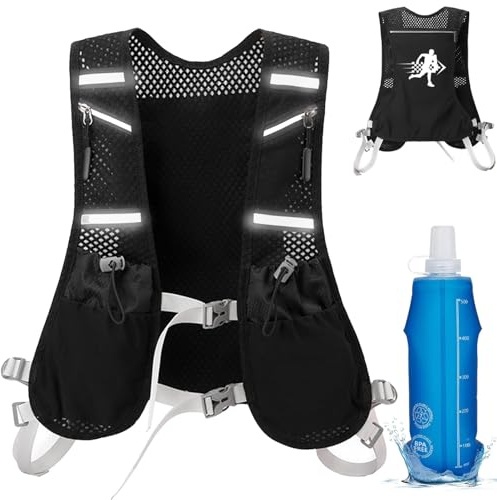 KORVANO Chaleco de Running para Mujer Hombre, Ultraligero, 200g, con Botella de Agua de 500 ml, Espalda de Malla Transpirable, Reflector para Correr, Maratón, Bicicleta