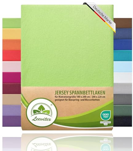 Boxspringbett & Wasserbett Spannbettlaken von leevitex® | Spannbetttuch | ÖKO-TEX | 180x200 – 200x220 cm | 100% Jersey-Baumwolle | 150 g/m² | 40 cm Steg | Apfelgrün/Hellgrün