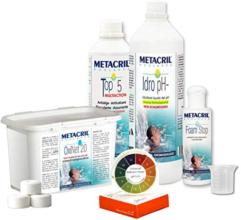 Metacril Easy Kit Oxi, Trattamento Completo a Base di Ossigeno Senza Cloro, in Pastiglie da 20 gr, Ideale per Spa Idromassaggio e Piscina di Tutte le Marche, Dimensioni e Modelli