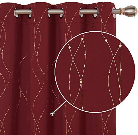 Deconovo Soft Gold Dotted Line Foil Printed Blackout Curtains Thermal Insulated Curtains Eyelet Energy Efficiency Room Darkening Curtains for Bedroom 46 x 90 Inch Red 2 Panels