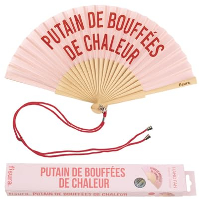 Fisura - Éventail original rose avec message P*tain de Bouffées. Éventail en bois moderne et amusant. Éventail rose. Dimensions : 42,5 x 23. Matériau : Bois et textile.