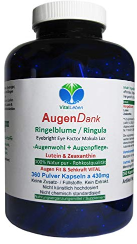 RINGELBLUME Lutein & Zeaxanthin AUGEN Vitamine 360 Kapseln [Augendank & Augenpflege] Sehkraft VITAL COMPLEX + Netzhaut + Makulapigmente - NATUR pur [OHNE ZUSATZSTOFFE] 26970-360