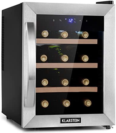 KLARSTEIN Cantinetta Vino, Cantinetta Vino Refrigerata a Zona Singola per Interno/Esterni, Frigo Bar, Cantina Vino con Vetrina, Mini Bar con Protezione UV, Frigo Vino Touch, 11-18°C, 12 Bottiglie