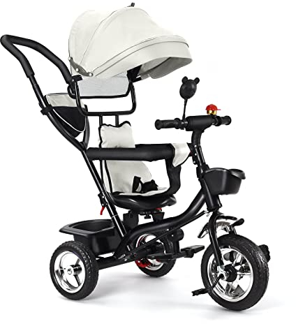 4 in 1 Kinderdreirad Tricycle für Kinder ab 12 Monate bis 5 Jahren mit Abnehmbarer Sonnendach&Schubstange Dreiräder,Jogger, mit Dachfenster, Sicherheitsgurte, Freilaufrad-4 in 1 (hellgrau)