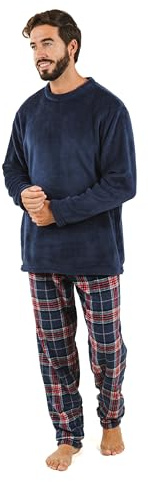 TRAMAS+ Pijama Coralina de Hombre Otoño-Invierno de Manga Larga Polar Calentito Super Suave, Conjunto de Pijama Súper Cómodo para Dormir y Estar en Casa - (L, Cuadro Curtis Azul Marino)