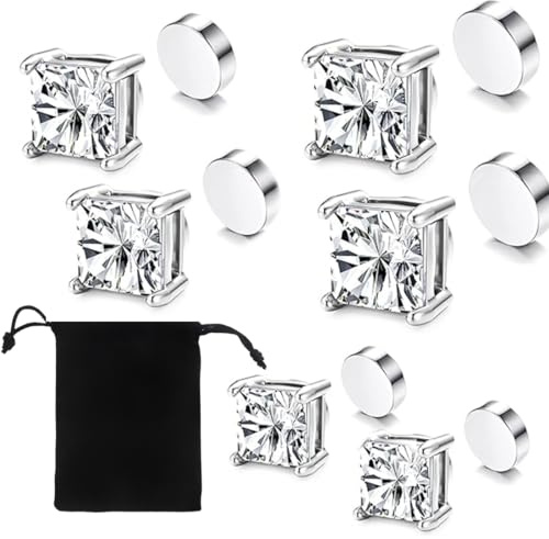 XOUDKE Ohrringe Herren Magnet Ohrringe Herren 3 Paar Magnetische Ohrstecker Edelstahl Für Männer Quadratisch CZ-Intarsien Nicht Durchbohrend CZ Klipp Ohrstecker Silber 5–7 mm
