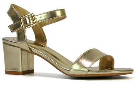 Womens Ankle Strap Sandals Ladies Mid Low Block Heel Strappy Peep Toe Gold Metallic Party Shoes Size 7