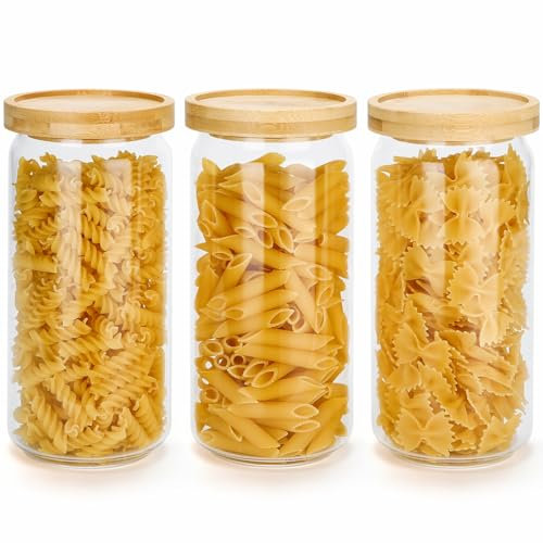 Otauoaea Bocal en Verre avec Couvercle - 3PCS 1000ml Bocaux Verre Rangement Cuisine - Pot en Verre avec Couvercle en Bambou Cannelé - Empilage Stable - Bocal en Verre Hermétique