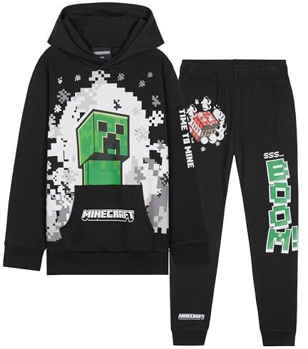 Minecraft Boys Tracksuit Set Comfy Loungewear Activewear - Gaming Gifts for Boys (Black/Green, 9-10 Years)