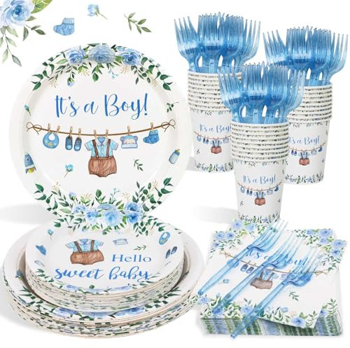 Baby Shower Decorations Boy Blue Plates Set for 25 Guests, 100 Pcs Baby Shower Plates Cups and Napkins It's a Baby Boy Paper Plates for Baby Shower Decorations Boy Party Supplies