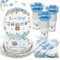 Baby Shower Decorations Boy Blue Plates Set for 25 Guests, 100 Pcs Baby Shower Plates Cups and Napkins It's a Baby Boy Paper Plates for Baby Shower Decorations Boy Party Supplies