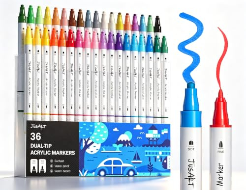 JusArt Marcadores de pintura acrílica de 36 colores, marcadores de doble punta con puntos y punta fina para roca, tela, madera, vidrio, cerámica, lienzo, suministros de arte vibrantes y suministros de