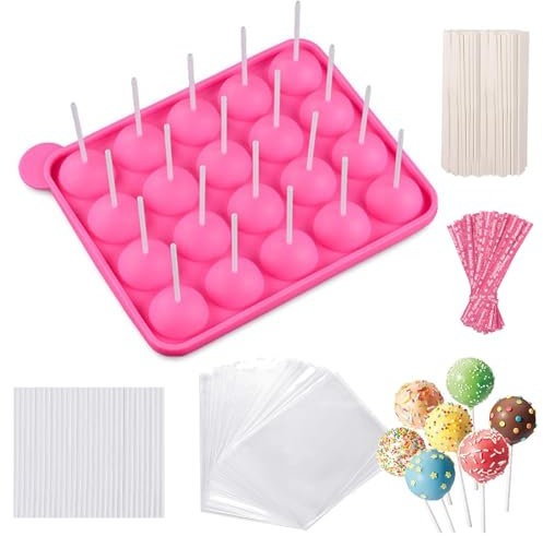 CCAIPU Moule à Cake Pop, Pop en Silicone avec 100Pcs Bâtons de Lollipop|Sacs|Twist Ties pour Gâteaux Chocolat Cupcake Lollipop DIY Tools