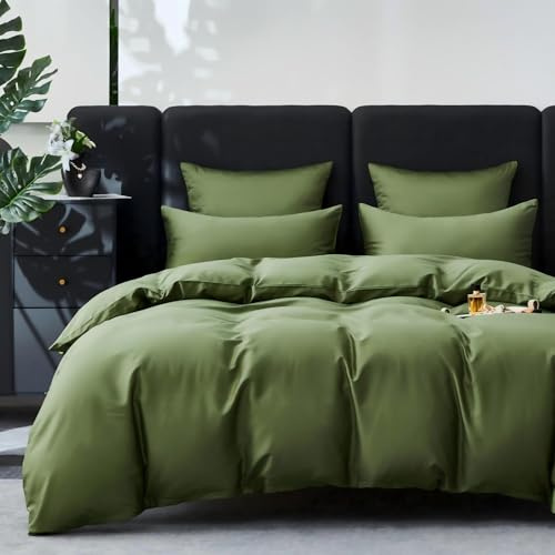 YASMENG Housse de Couette Satin de Coton 220x240 Vert Olive 100% Coton Satin Parure de Lit Doux Soyeux Respirant Lyocell Soie Linge de Lit 2 Personne avec Fermeture Éclair et Taies d'oreiller 65x65 cm