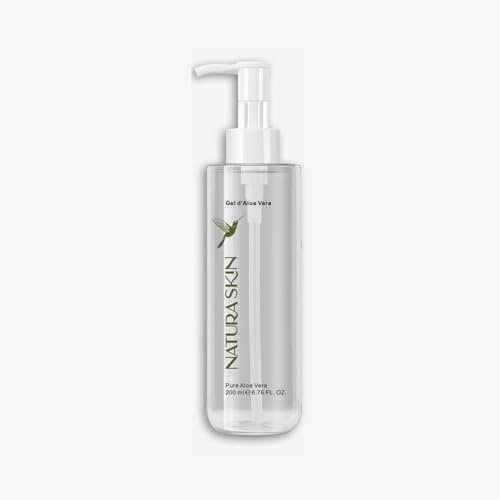 Natura Skin - Gel Aloe Vera Pur avec Pompe - Gel Hydratant Visage et Corps ainsi que les Cheveux - Après Soleil Apaisant - Vegan et Cruelty Free - 200 ML