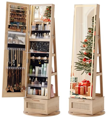 Joaxswe Rattan 360° Swivel Jewelry Armoire Cabinet Standing with Full Length Mirror, Lockable Jewelry Organizers and Drawer Storage with 3 Color LED Lights & Interior Mirror Rear Storage Shelves