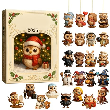 Owl Advent Calendars 2025, 24 Days Christmas Countdown Advent Calendars with 2D Flat Acrylic Animal-Theme Ornament for Boys Girls