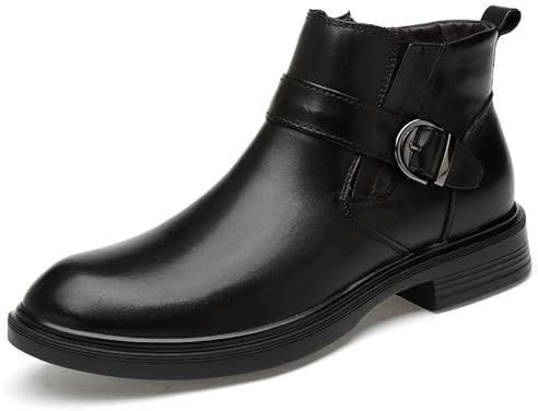 Stivaletti da uomo con fibbia in metallo, scarpe Oxford in vera pelle, punta tonda, casual da lavoro, suola morbida, antiscivolo, for l'ufficio quotidiano(Bright black,45 EU)