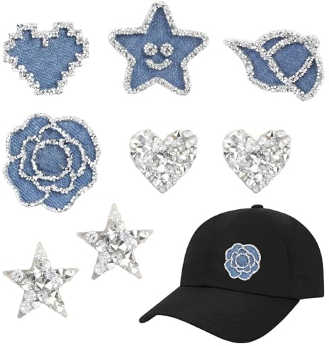 RhiVrillion 8 Toppe Termoadesive Jeans con Strass, Toppa per Tessuti Denim, Patch Termoadesivi per Abbigliamento, Giacche e Borse