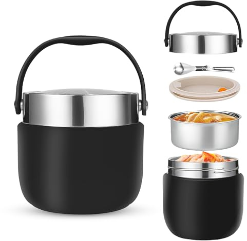 Portapranzo Termico per Alimenti 1200ml Contenitore Termico per Alimenti Caldi con Cucchiaio Pieghevole per Conservare Porridge,Zuppa,Frutta,Yogurt e Pranzi Nero