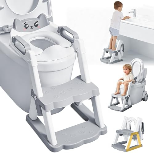 Riduttore WC Bambini con Scaletta, Stabilizzare Riduttore Water Bambini con Struttura Trapezoidale, 2 in 1 Pieghevole Adattatore WC per Bambini con PVC Morbida Seduta, Riduttore per Tazze WC a V, U, O