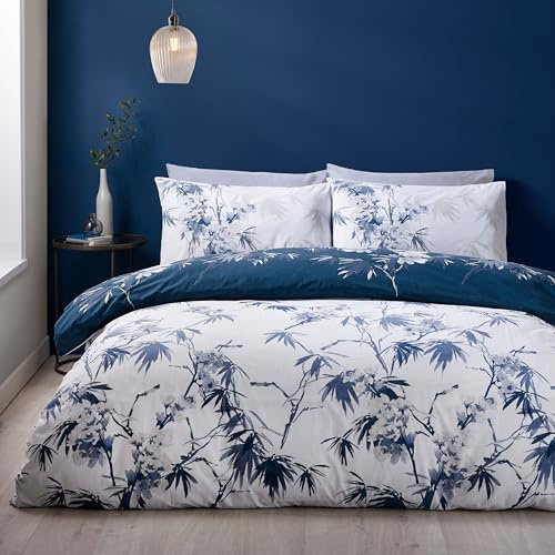 Catherine Lansfield Kyoto Floral Reversible King Duvet Cover Set with Pillowcases Blue