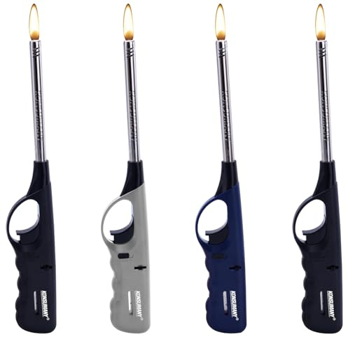 KONSUMANY 4 Stück Stabfeuerzeug Gas Feuerzeug 27 cm Lang Nachfüllbar (Grau, Blau, Schwarz + 4. Farbe nach Verfügbarkeit)