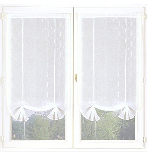 Home Maison - Paire de Stores Relevables en Étamine - Polyester - Motif Rayures Discontinues - Finition Ourlet Passe Tringle - Prêt-à-Poser - Salon et Chambre - 90 x 200 cm - Blanc