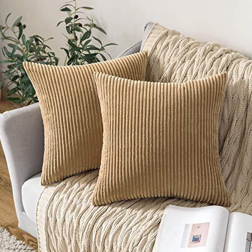 MIULEE Striped Corduroy Fabric Square Throw Pillow Case,Solid Cushion Cover Sham Home for Sofa Chair Couch/Bedroom Decorative Pillowcases 20x20 inch 50x50cm 2 Pieces Taupe