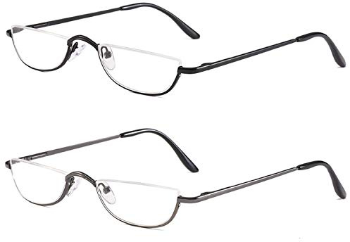 KoKoBin 2 Pack Unisex Lesehilfe Half Moon Halbrandrahmen aus Metall Federscharnier ultradünne Lesebrille +2.0