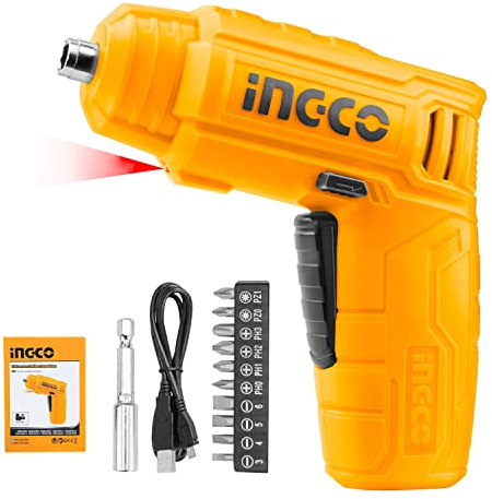 INGCO 4 V Mini tournevis à visseuse électrique avec lumière de travail intégrée, 1 300 mAh Battery, 4 NM sans fil, tournevis électrique avec 10 pointes, indicateur LED de batterie (CSDLI0402)