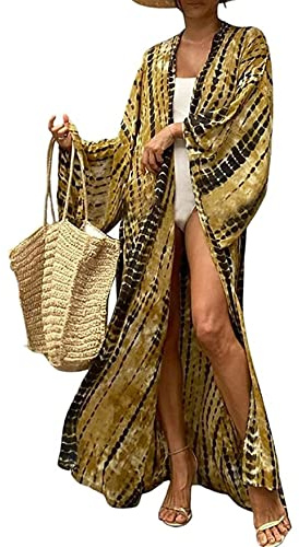 HYUET strandplagg för dam, elegant lång kimono med batikmönster dam sommar strandklänning bikini överdrag cardigan lång ärm bohemisk kaftan tunika topp för semester, one size