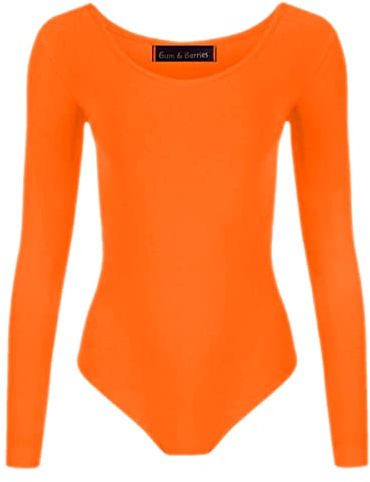 Gum & Berries Girls Dance Leotard Long Sleeve Bodysuit for Gymnastic PE Ballet Swimming Neon Orange -11-12 years
