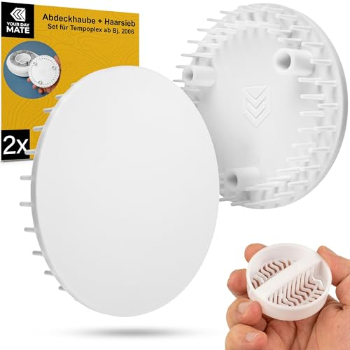 Abdeckhaube und Haarsieb Set für Duschabfluss, Ø 115 mm, kompatibel mit Viega Tempoplex Ablaufgarnitur ab Baujahr 2006, für Duschwanne mit Ablaufloch Ø 90 mm, weißer ABS ASA Deckel, weisser Haarfilter