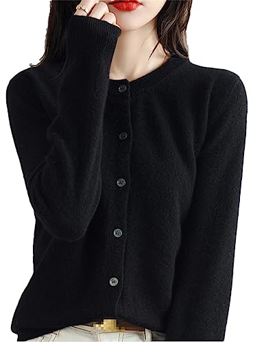 Bollrllr Women's Cashmere Cardigan Round Neck Sweater Spring Autumn Winter Long Sleeve Knitted Solid Color Soft Cardigan Sweater Black M