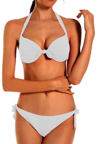 EONAR Bikiniset för kvinnor, badmode, nackstöd, push-up, bikinitopp, justerbar sidobindning, tvådelad dambaddräkt, tvådelad baddräkt, Vit, XL