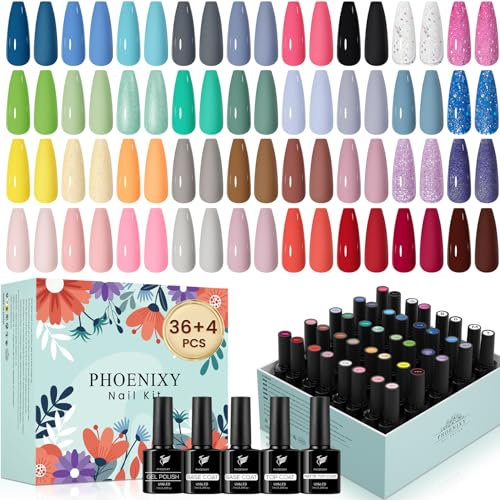 Kit Semipermanente Unghie - Phoenixy 72 Effetti 36 Colori Smalto Semipermanente Unghie con Base Lucida Opaca, Colori Rosa Giallo Blu Kit Smalto Unghie Gel Regalo per Donne