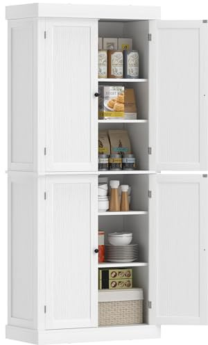 HOMCOM 72.5 Tall Kitchen Pantry Cabinet, Freestanding Modern Farmhouse Kitchen Storage Cabinet with 4 Doors and 2 Adjustable Shelves for Dining Room, White Wood Grain