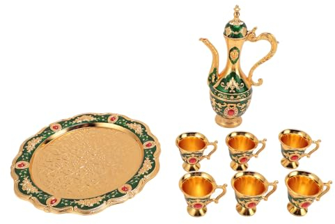 Juego de Cafetera Vintage, Juego de Servicio de Té y Tetera con 6 Tazas de Café y Bandeja de Té, Kit de Vino Europeo para Boda y Cumpleaños(Oro Verde)