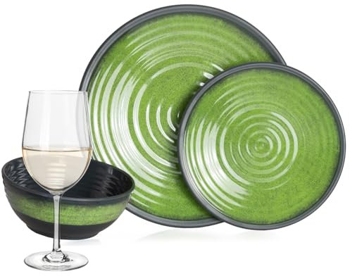 Vaisselle de camping en mélamine pour 4 personnes - Vert pierre + 4 verres à vin blancs - Pour pique-nique et barbecue
