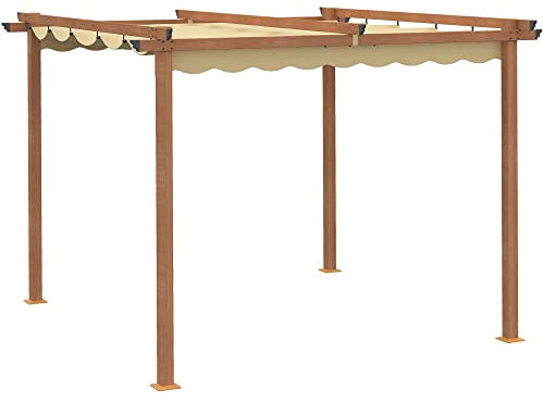 Outsunny Pergola rétractable 3 x 3 x 2,25 m Protection Contre Le Soleil Beige Structure alu + Toile Polyester Haute densité, Kaki