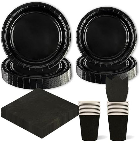 Lot de 96 Anniversaire Vaisselle de fete Noires Party Assiettes en carton Papier Set Assiettes de Fête Jetables Papier, pour Barbecue les Fêtes les Pique-niques -24 Invités